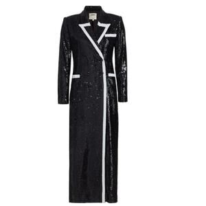 L'AGENCE Marlowe Sequined Trimmed Long Coat Black Silver Size 4